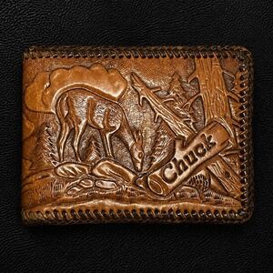 Vintage Handmade Tooled Leather Bifold Wallet Chuck Western Deer Buck Forest